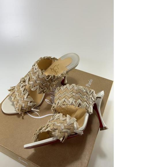 Meroine 85mm raffia Tan Woven fringe heels mules D980 - Picture 10 of 11